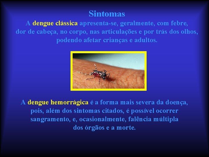Sintomas A dengue clássica apresenta-se, geralmente, com febre, dor de cabeça, no corpo, nas