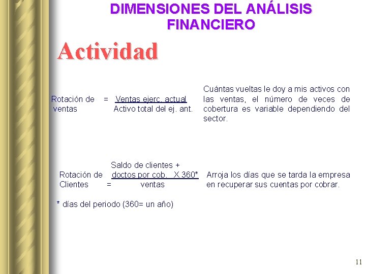 DIMENSIONES DEL ANÁLISIS FINANCIERO Actividad Rotación de ventas = Ventas ejerc. actual Activo total DIMENSIONES DEL ANÁLISIS FINANCIERO Actividad Rotación de ventas = Ventas ejerc. actual Activo total