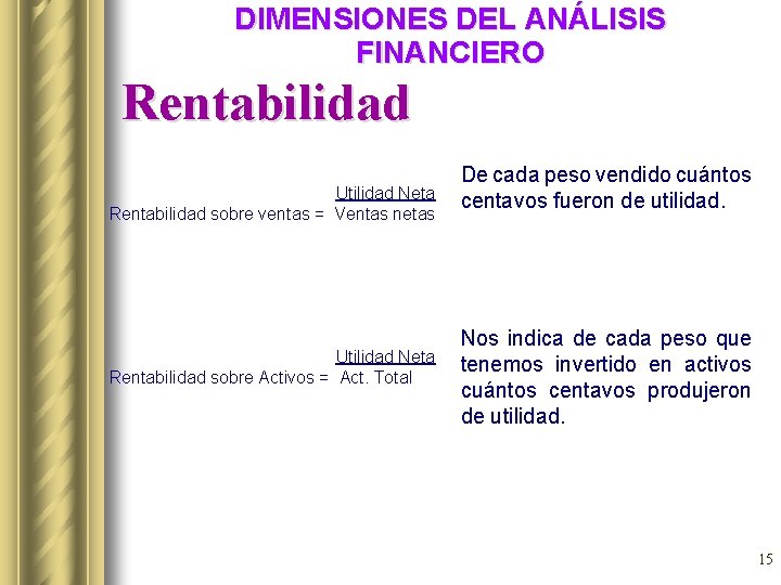 DIMENSIONES DEL ANÁLISIS FINANCIERO Rentabilidad Utilidad Neta Rentabilidad sobre ventas = Ventas netas Utilidad DIMENSIONES DEL ANÁLISIS FINANCIERO Rentabilidad Utilidad Neta Rentabilidad sobre ventas = Ventas netas Utilidad