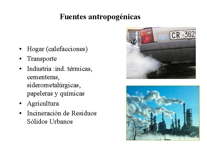 Fuentes antropogénicas • Hogar (calefacciones) • Transporte • Industria : ind. térmicas, cementeras, siderometalúrgicas,