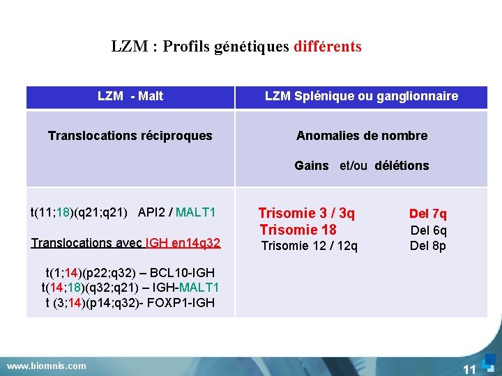 LZMLZM : Profils génétiques différents LZM - Malt LZM Splénique ou ganglionnaire Translocations réciproques