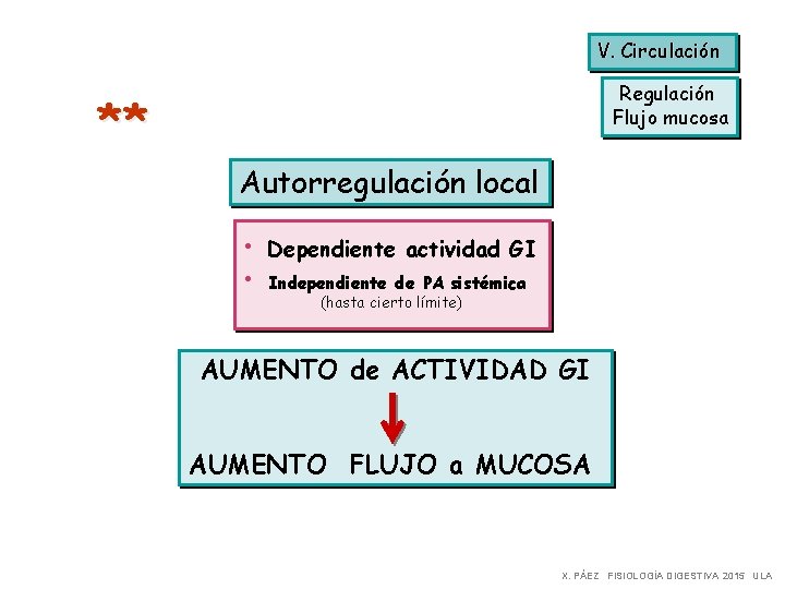 V. Circulación Regulación Flujo mucosa ** Autorregulación local • Dependiente actividad GI • Independiente