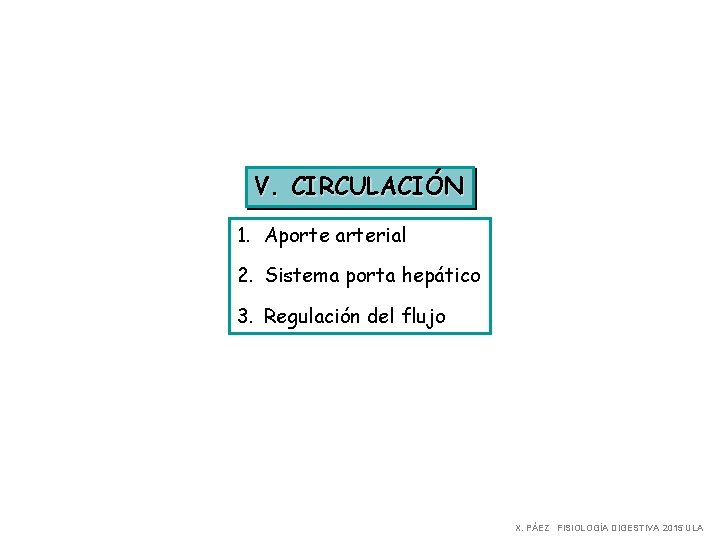 V. CIRCULACIÓN 1. Aporte arterial 2. Sistema porta hepático 3. Regulación del flujo X.