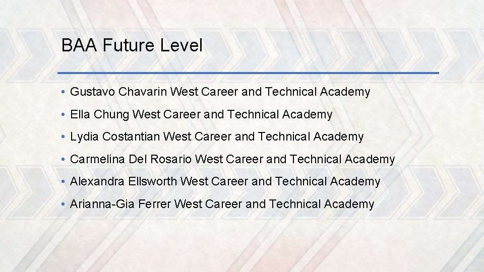 BAA Future Level • Gustavo Chavarin West Career and Technical Academy • Ella Chung