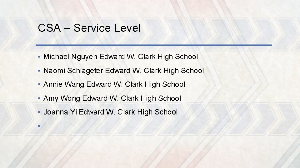 CSA – Service Level • Michael Nguyen Edward W. Clark High School • Naomi