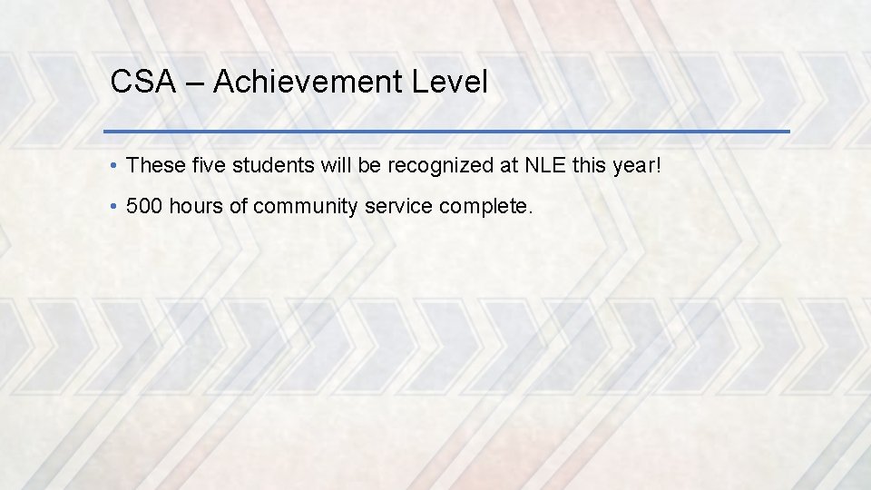 CSA – Achievement Level • These five students will be recognized at NLE this