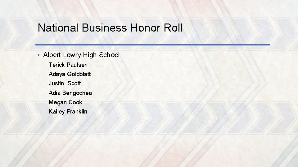 National Business Honor Roll • Albert Lowry High School Terick Paulsen Adaya Goldblatt Justin