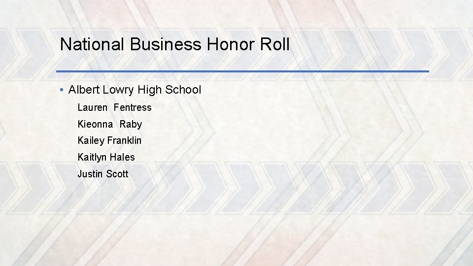 National Business Honor Roll • Albert Lowry High School Lauren Fentress Kieonna Raby Kailey