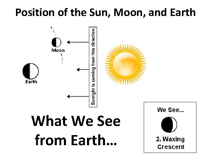 Position of the Sun, Moon, and Earth Moon Earth What We See from Earth…