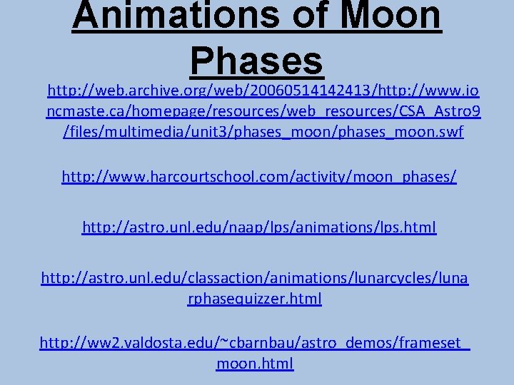 Animations of Moon Phases http: //web. archive. org/web/20060514142413/http: //www. io ncmaste. ca/homepage/resources/web_resources/CSA_Astro 9 /files/multimedia/unit