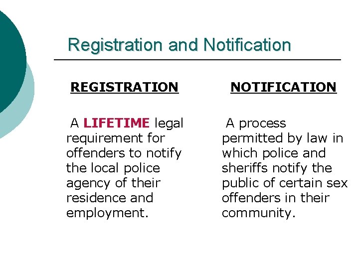 Registration and Notification REGISTRATION NOTIFICATION A LIFETIME legal requirement for offenders to notify the