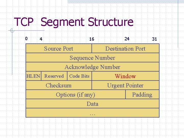 TCP Segment Structure 0 4 16 24 31 Source Port Destination Port Sequence Number