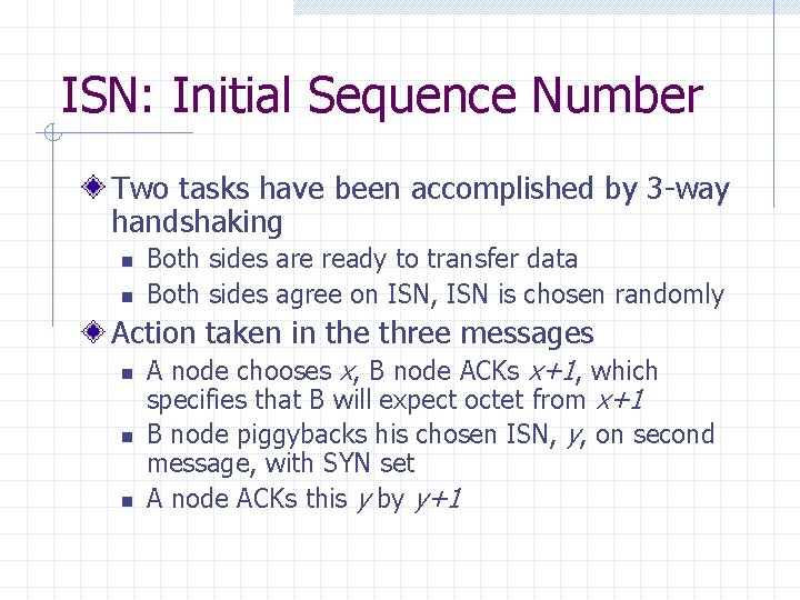 ISN: Initial Sequence Number Two tasks have been accomplished by 3 -way handshaking n