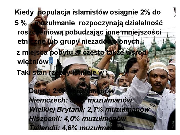  Kiedy populacja islamistów osiągnie 2% do 5 % , muzułmanie rozpoczynają działalność roszczeniową