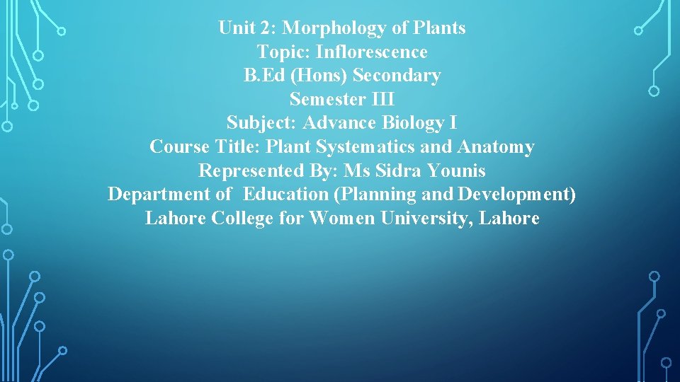 Unit 2: Morphology of Plants Topic: Inflorescence B. Ed (Hons) Secondary Semester III Subject: