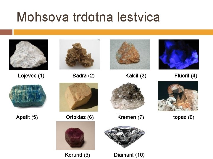 Mohsova trdotna lestvica Lojevec (1) Sadra (2) Kalcit (3) Fluorit (4) Apatit (5) Ortoklaz