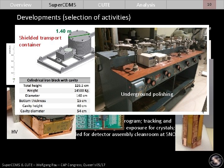 Overview Super. CDMS CUTE Analysis 10 Developments (selection of activities) • Detectors: larger crystals;