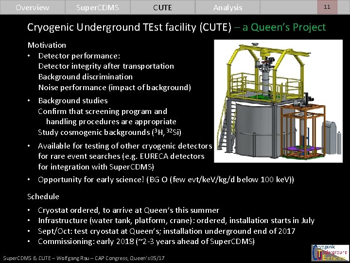 Overview Super. CDMS CUTE Analysis 11 Cryogenic Underground TEst facility (CUTE) – a Queen’s