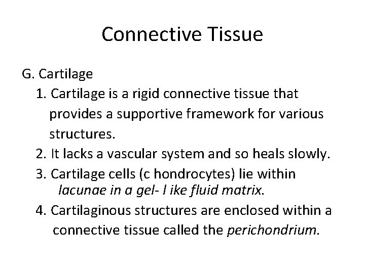Connective Tissue G. Cartilage 1. Cartilage is a rigid connective tissue that provides a