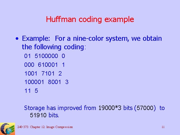 Huffman coding example • Example: For a nine-color system, we obtain the following coding: