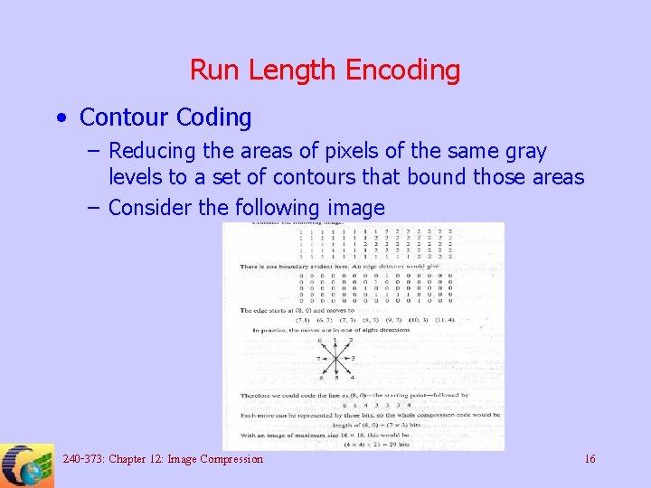 Run Length Encoding • Contour Coding – Reducing the areas of pixels of the