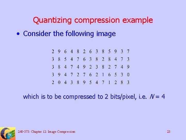 Quantizing compression example • Consider the following image which is to be compressed to