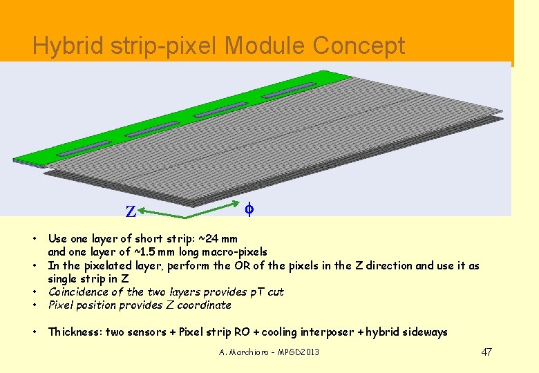  Hybrid strip-pixel Module Concept Z f • • Use one layer of short