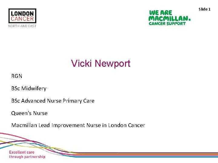 Slide 1 Vicki Newport RGN BSc Midwifery BSc Advanced Nurse Primary Care Queen’s Nurse