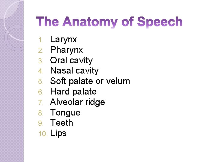 1. Larynx 2. Pharynx 3. Oral cavity 4. Nasal cavity 5. Soft palate or