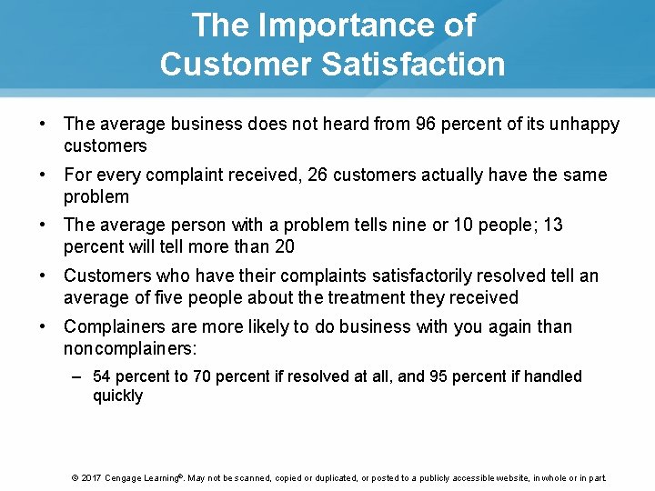 The Importance of Customer Satisfaction • The average business does not heard from 96