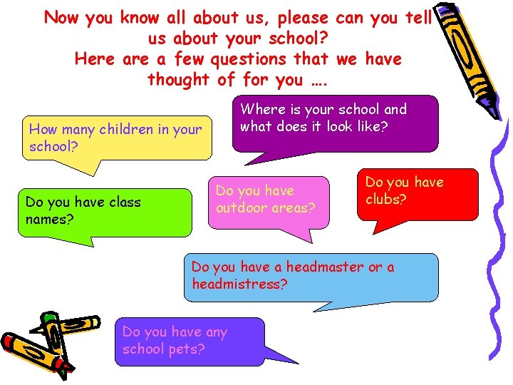 Now you know all about us, please can you tell us about your school? Now you know all about us, please can you tell us about your school?