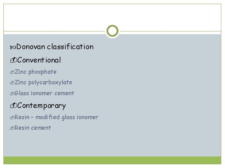  Donovan classification Conventional Zinc phosphate Zinc polycarboxylate Glass ionomer cement Contemporary Resin –
