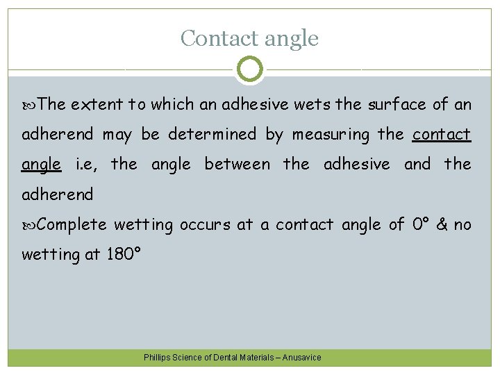 Contact angle The extent to which an adhesive wets the surface of an adherend