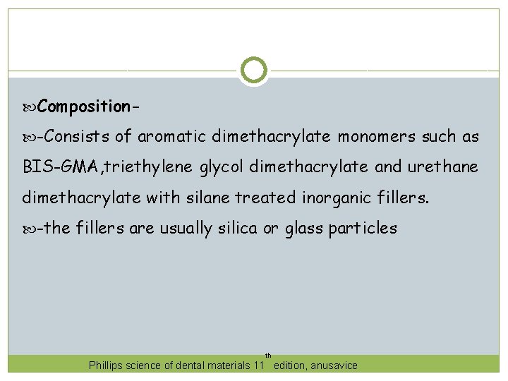  Composition -Consists of aromatic dimethacrylate monomers such as BIS-GMA, triethylene glycol dimethacrylate and