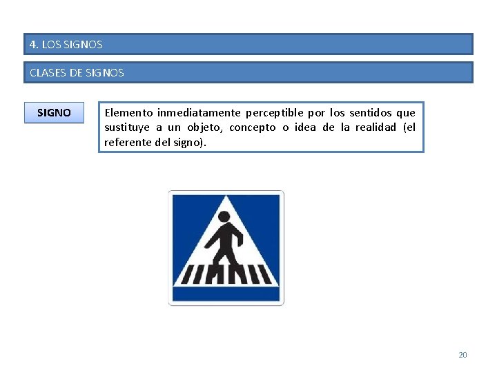 4. LOS SIGNOS CLASES DE SIGNOS SIGNO Elemento inmediatamente perceptible por los sentidos que