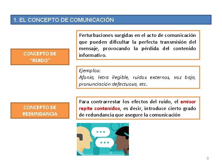 1. EL CONCEPTO DE COMUNICACIÓN CONCEPTO DE “RUIDO” Perturbaciones surgidas en el acto de