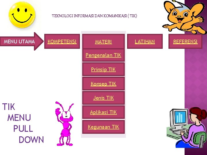 TEKNOLOGI INFORMASI DAN KOMUNIKASI ( TIK) MENU UTAMA KOMPETENSI MATERI Pengenalan TIK Prinsip TIK