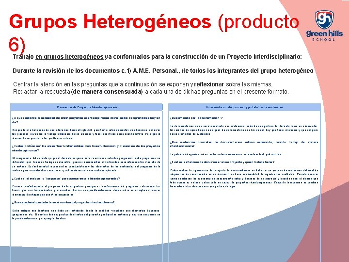Grupos Heterogéneos (producto 6) Trabajo en grupos heterogéneos ya conformados para la construcción de