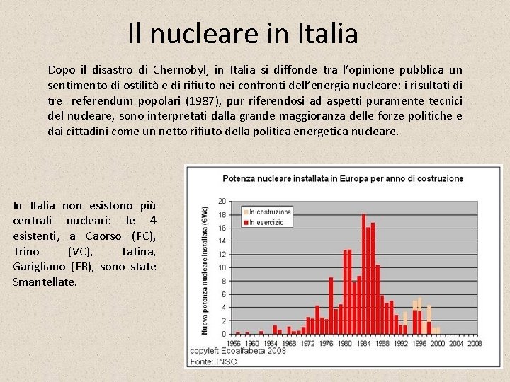 Il nucleare in Italia Dopo il disastro di Chernobyl, in Italia si diffonde tra