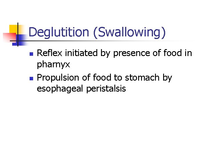 Deglutition (Swallowing) n n Reflex initiated by presence of food in pharnyx Propulsion of Deglutition (Swallowing) n n Reflex initiated by presence of food in pharnyx Propulsion of
