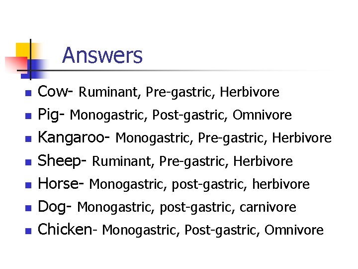 Answers n n n n Cow- Ruminant, Pre-gastric, Herbivore Pig- Monogastric, Post-gastric, Omnivore Kangaroo- Answers n n n n Cow- Ruminant, Pre-gastric, Herbivore Pig- Monogastric, Post-gastric, Omnivore Kangaroo-