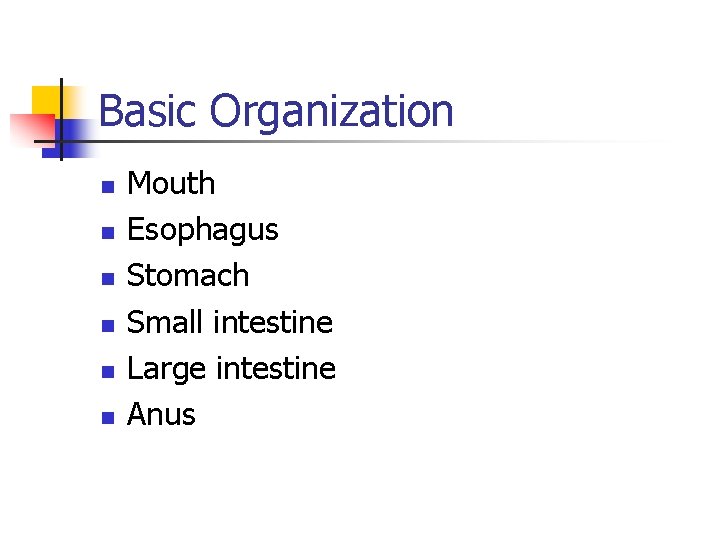 Basic Organization n n n Mouth Esophagus Stomach Small intestine Large intestine Anus Basic Organization n n n Mouth Esophagus Stomach Small intestine Large intestine Anus