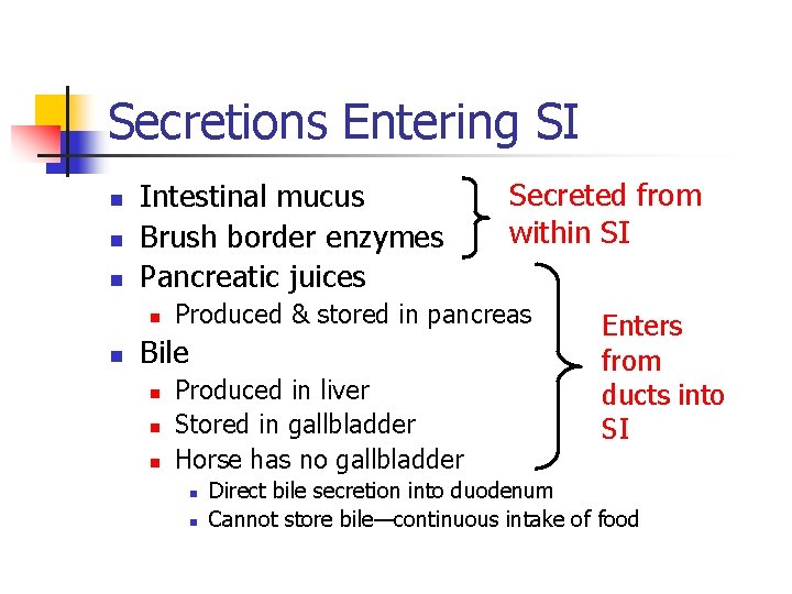 Secretions Entering SI n n n Intestinal mucus Brush border enzymes Pancreatic juices n Secretions Entering SI n n n Intestinal mucus Brush border enzymes Pancreatic juices n
