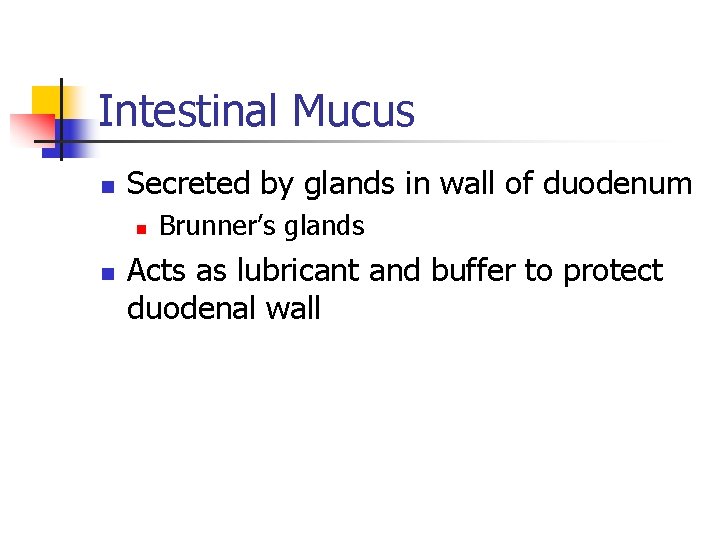 Intestinal Mucus n Secreted by glands in wall of duodenum n n Brunner’s glands Intestinal Mucus n Secreted by glands in wall of duodenum n n Brunner’s glands