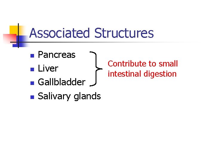 Associated Structures n n Pancreas Contribute to small Liver intestinal digestion Gallbladder Salivary glands Associated Structures n n Pancreas Contribute to small Liver intestinal digestion Gallbladder Salivary glands