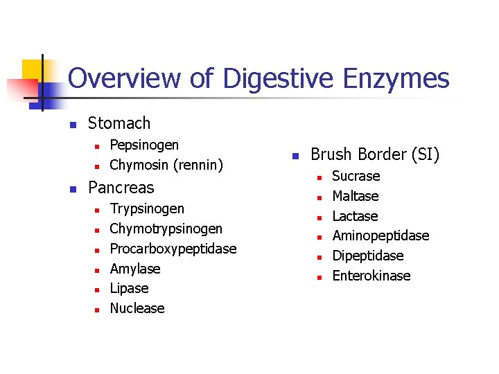 Overview of Digestive Enzymes n Stomach n n n Pepsinogen Chymosin (rennin) Pancreas n Overview of Digestive Enzymes n Stomach n n n Pepsinogen Chymosin (rennin) Pancreas n