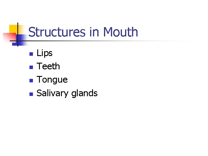 Structures in Mouth n n Lips Teeth Tongue Salivary glands Structures in Mouth n n Lips Teeth Tongue Salivary glands