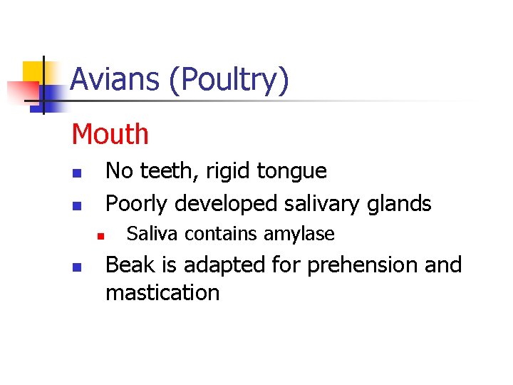 Avians (Poultry) Mouth No teeth, rigid tongue Poorly developed salivary glands n n Saliva Avians (Poultry) Mouth No teeth, rigid tongue Poorly developed salivary glands n n Saliva