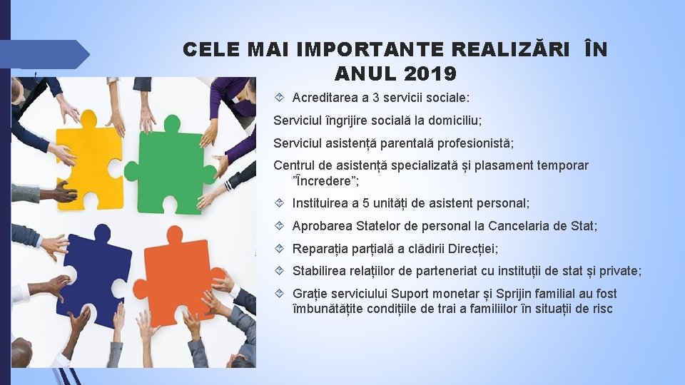 CELE MAI IMPORTANTE REALIZĂRI ÎN ANUL 2019 Acreditarea a 3 servicii sociale: Serviciul îngrijire