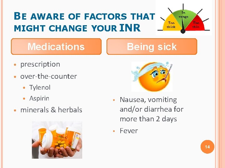 BE AWARE OF FACTORS THAT MIGHT CHANGE YOUR INR Medications • prescription • over-the-counter BE AWARE OF FACTORS THAT MIGHT CHANGE YOUR INR Medications • prescription • over-the-counter